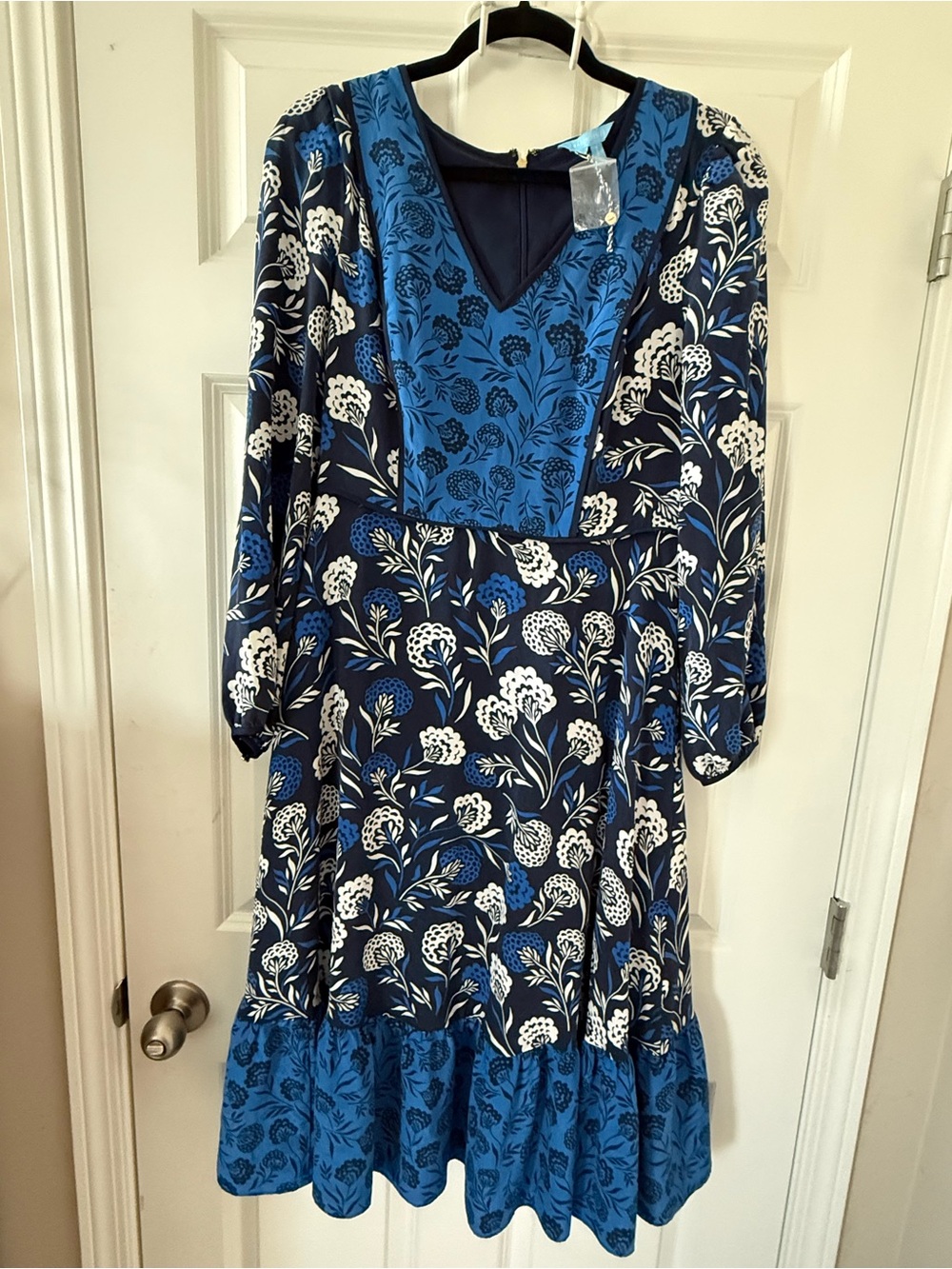 Draper James Blue Floral V-Neck Long Sleeve Dress